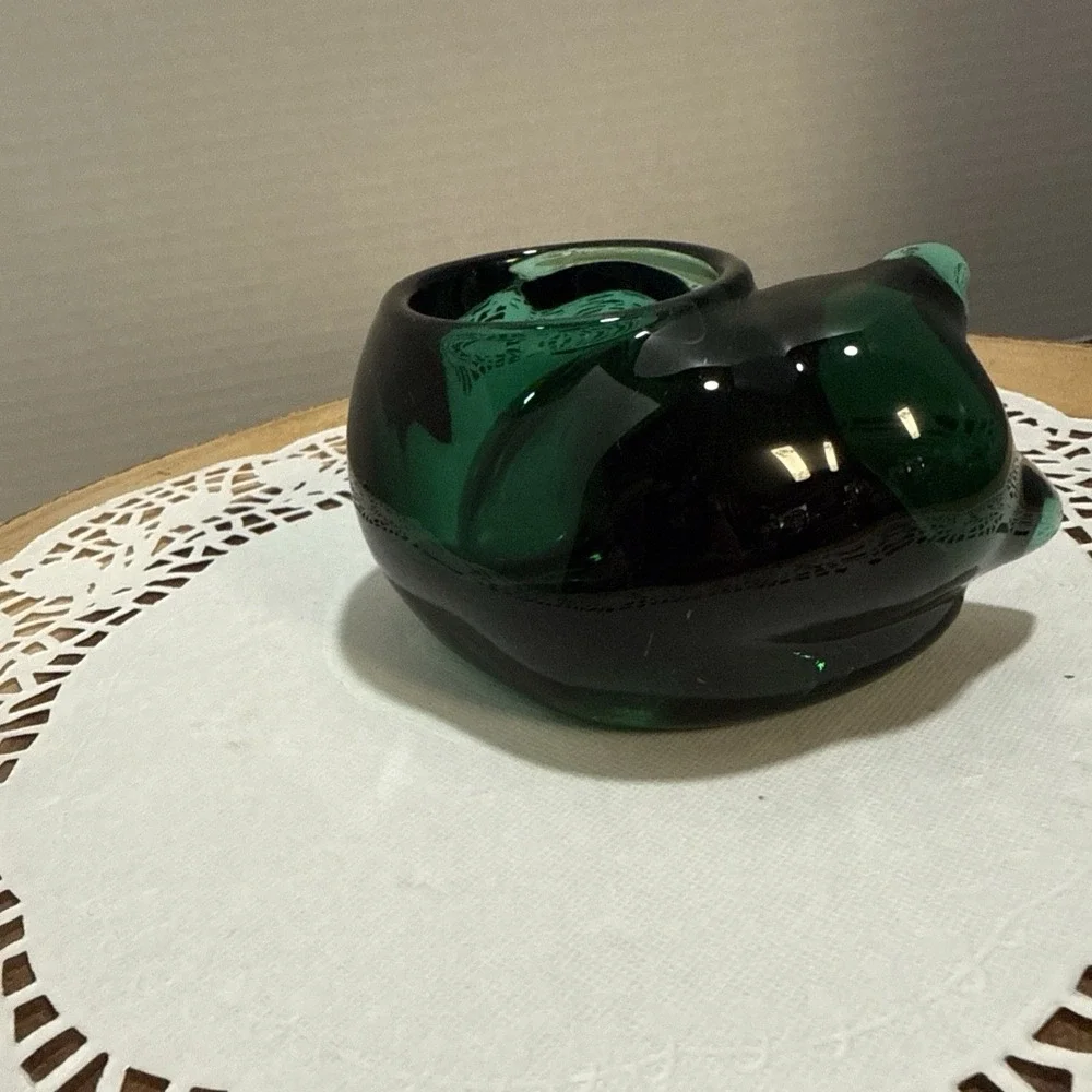 Indiana Glass Sleeping Kitten Emerald Green Glass Votive Tealight Holder Cat